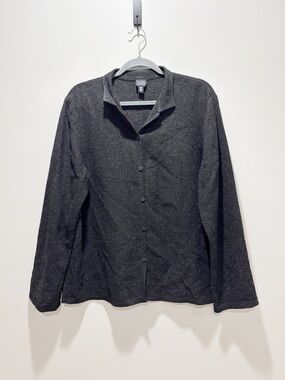 Eileen Fisher Charcoal Grey Textured Speckle Button-Down Shirt Silk Viscose Sz L